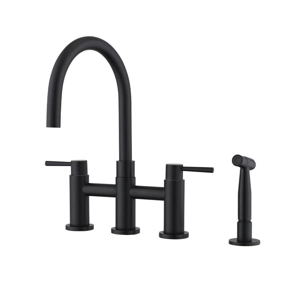 Double Handle Bridge Kitchen Faucet with Side Sprayer in Matte Black