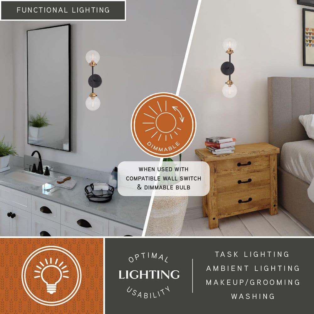Vaxcel Orbit 2 Light Brass and Oil Rubbed Bronze Industrial MCM Wall Sconce Clear Glass Globe