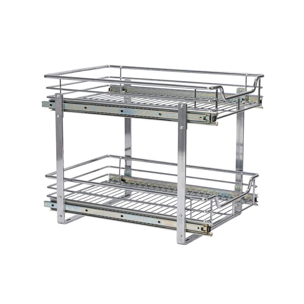 Glidez Multipurpose Chrome-Plated Steel Pull-Out/Slide-Out Basket Storage Organizer for Under Cabinet Use - 2-Tier Design - Chrome