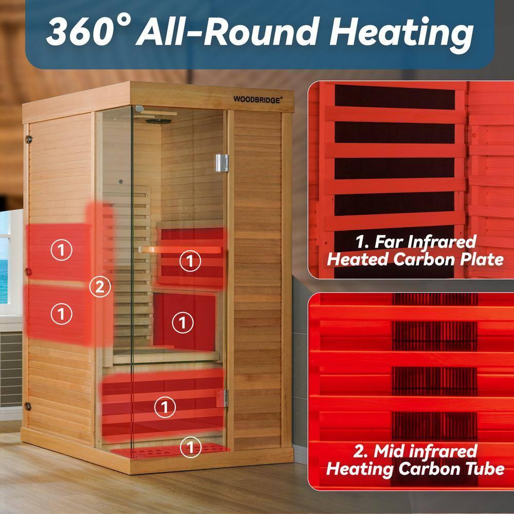 WoodBridge 1 Person Indoor Bluetooth Compatible FAR Infrared Sauna in Canadian Hemlock, Touch-Tone Keypad, LED Therapy Light