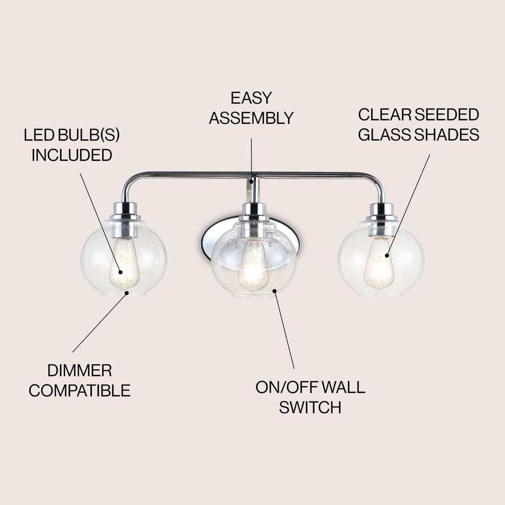 JONATHAN Y JYL7528B Sandrine 26.25" 3-Light Iron/Seeded Glass Cottage Rustic LED Vanity Light Classic 2700K LED 4W Bulbs Entryway Lobby Kitchen Bathroom Bedroom Living Room Hallway, Chrome