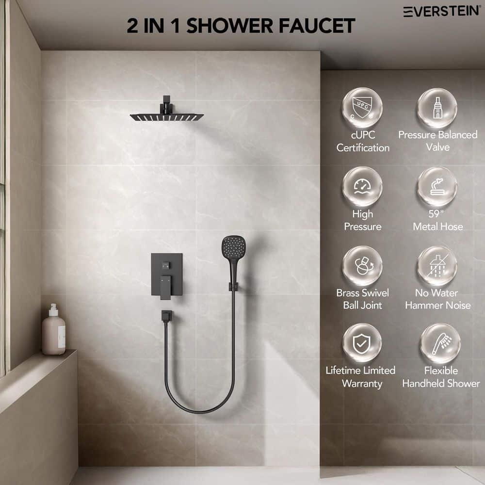 YAWWALK 10" Shower Head with 3-Spray Patterns Handheld in Matte Black (Valve Included)