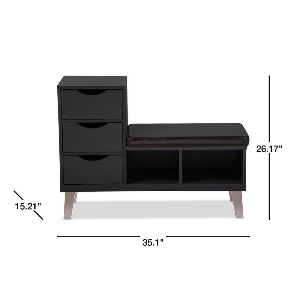 Arielle Modern and Contemporary Wood 3 - Drawer Shoe entryway benches with Two Open Shelves - Dark Brown - Baxton Studio