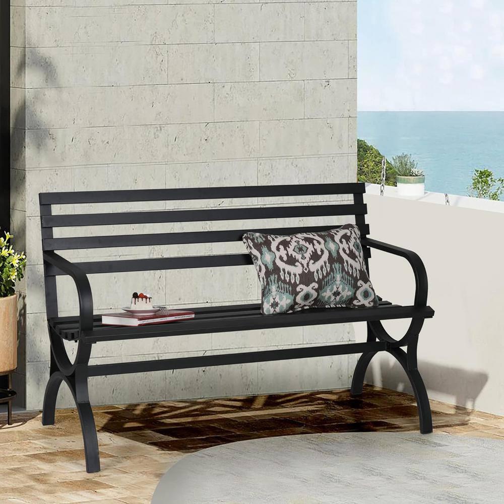 PHI VILLA Outdoor Garden Bench, 48” Long Metal Steel Bench with Backrest and Armrests, Modern Slatted Design for Patio, Lawn, Yard, Porch - Black