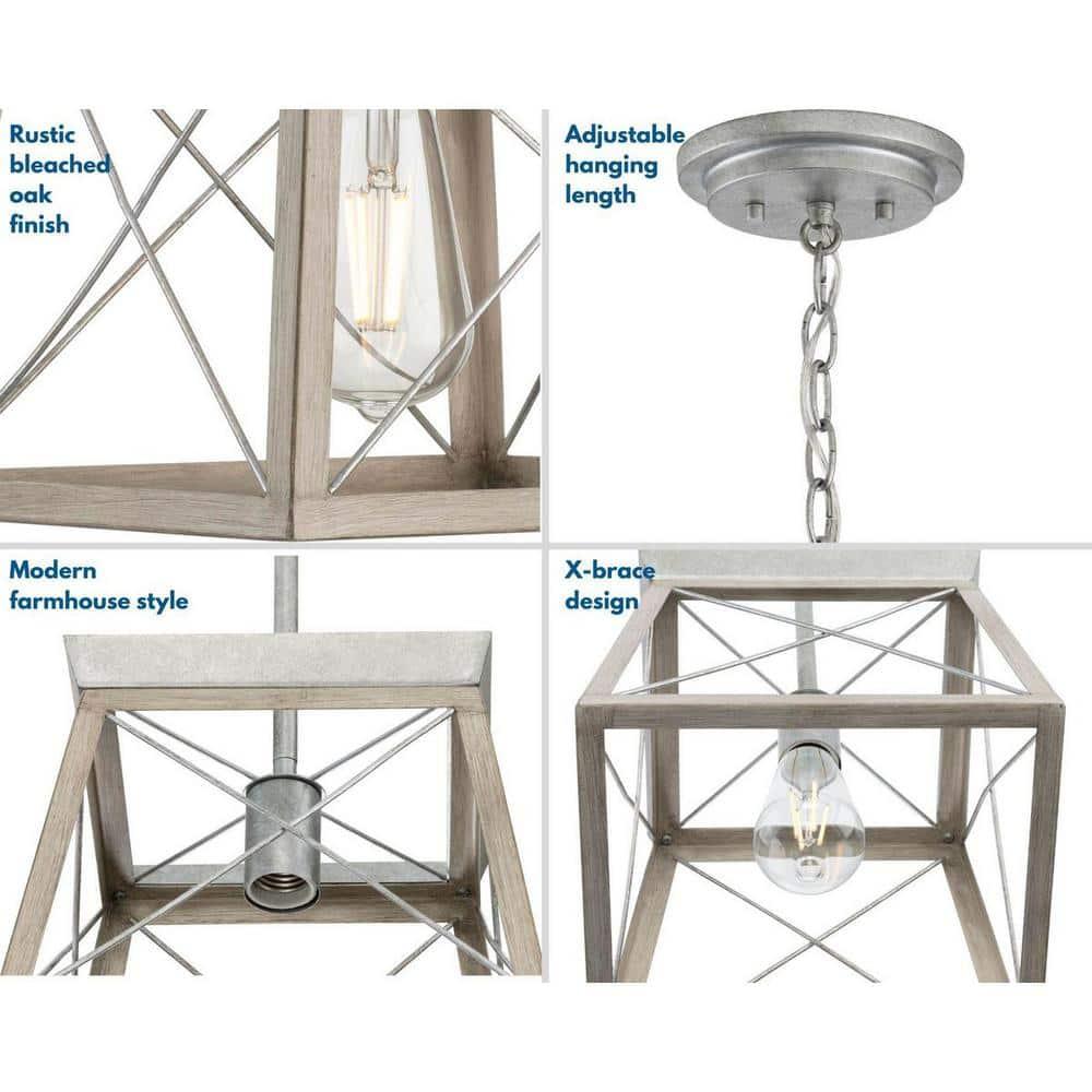 Progress Lighting Briarwood 1-Light Mini-Pendant, Steel, Galvanized, Faux-Painted Wood Enclosure, Canopy Included