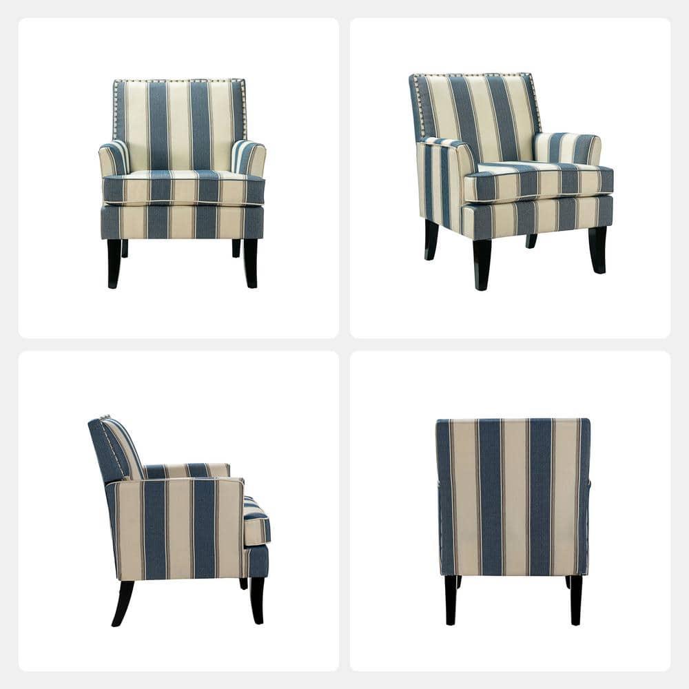 Upholstery Accent Chair Armchair Sofa Couch Lounge Seat Wood Black Legs Nailhead Trim Home Living Room Bedroom Stripe Blue