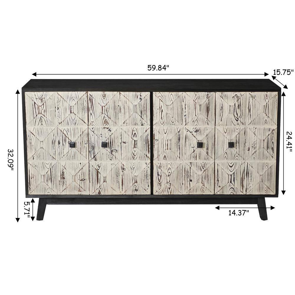 59.84 in. Black and White Elm Wood Vintage Sideboard Cabinet