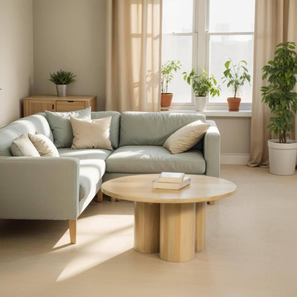 The Urban Port Hazel Coffee Table with 3 Pillar Legs, 35.5 Inch Round Top, Natural Brown Mango Wood