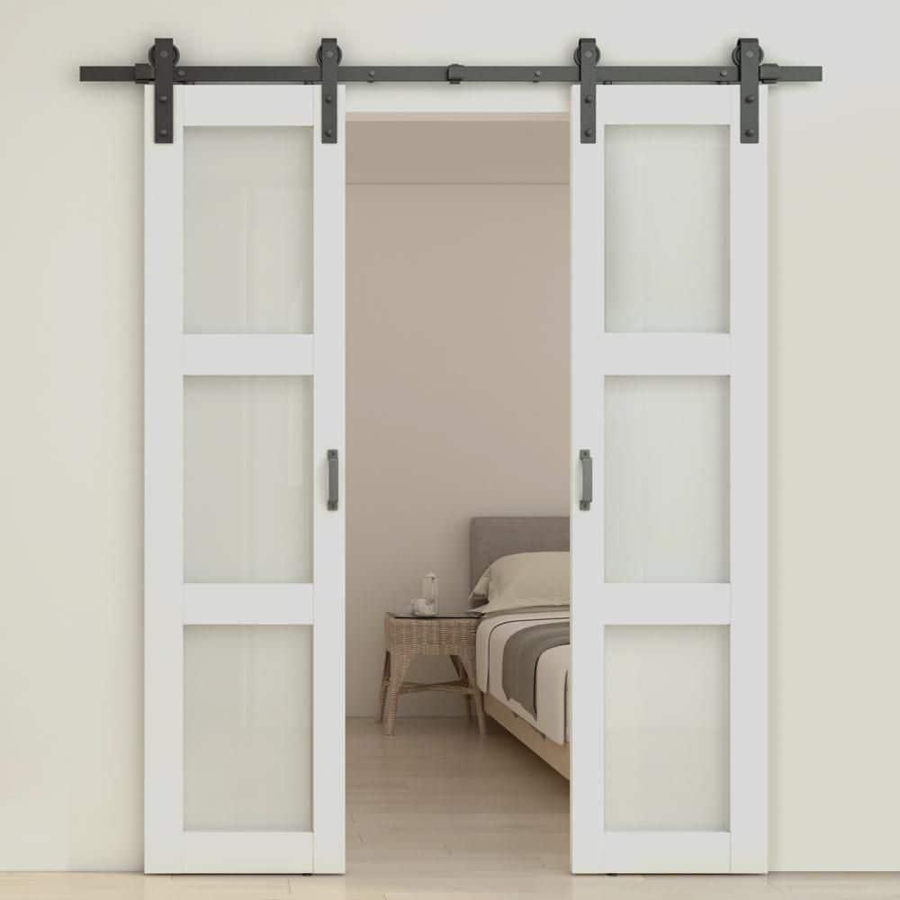 Calhome 3-Lite Tempered Frosted Glass White Finished Composite Double Sliding Barn Door with Hardware Kit Handle