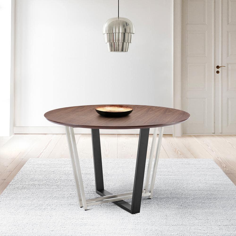 Armen Living 48" Joana Round Brushed Stainless Steel Iron Base with Tabletop Dining Table Black/Walnut