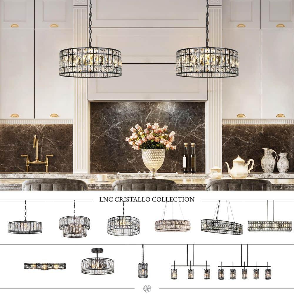 LNC Chispa 3-Light Matte Black Drum LED Dry Rated Chandelier: UL Listed, Adjustable Height, Crystal Decor