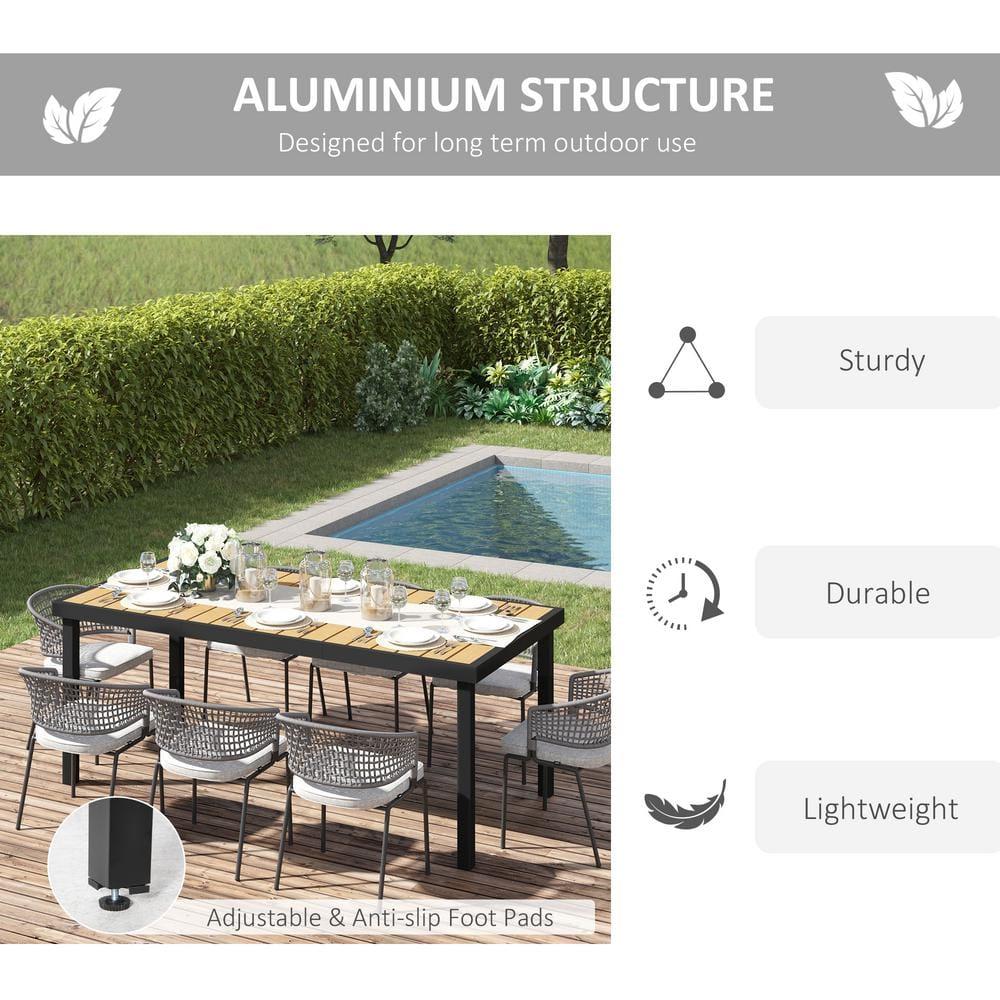 Outsunny 75" x 35" Outdoor Dining Table for 8 People, Rectangular Aluminum Frame Garden Table with All-Weather Faux Wood Top, Natural