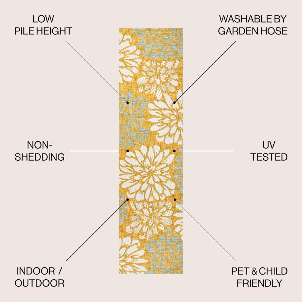 2' x 10' Zinnia Modern Floral Textured Weave Indoor/Outdoor Runner Rug, Yellow/Cream - JONATHAN Y