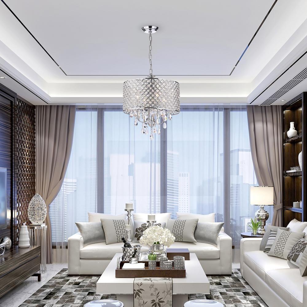 Chrome and Crystal 4-Light Drum Chandelier with Beaded Shade