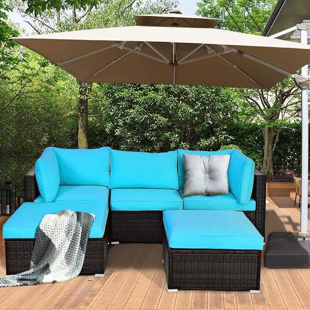 Tangkula 5PCS Cushioned Rattan Patio Conversation Set Outdoor Furniture Set w/ Ottoman