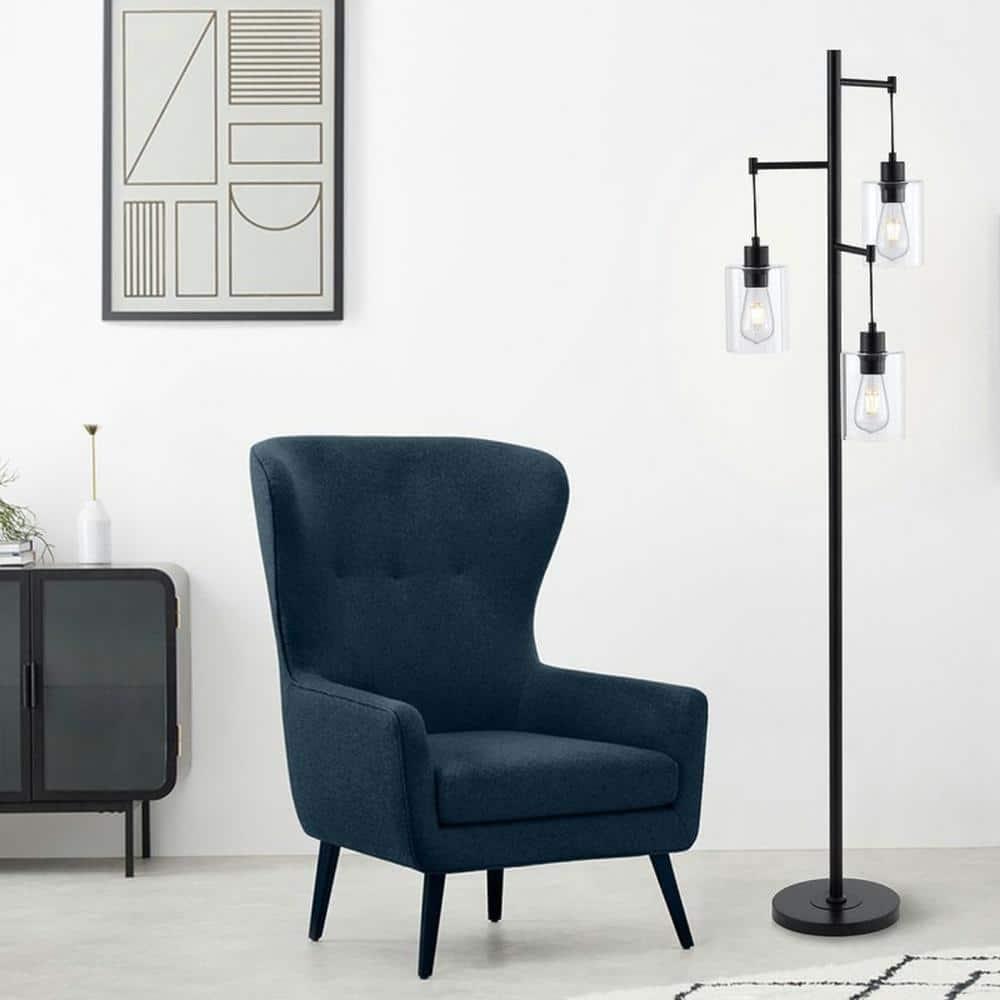 Ledel Get 69" Industrial 3-Light Tree Floor Lamp with Glass Shades Black