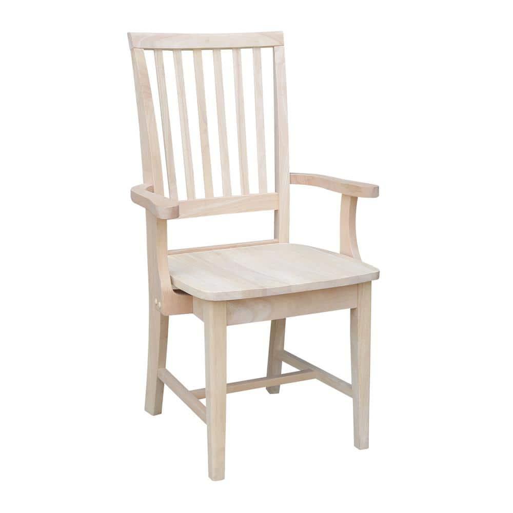Mission Side Chair with Arms Unfinished - International Concepts: Solid Wood, Slat Back, Kitchen Furniture