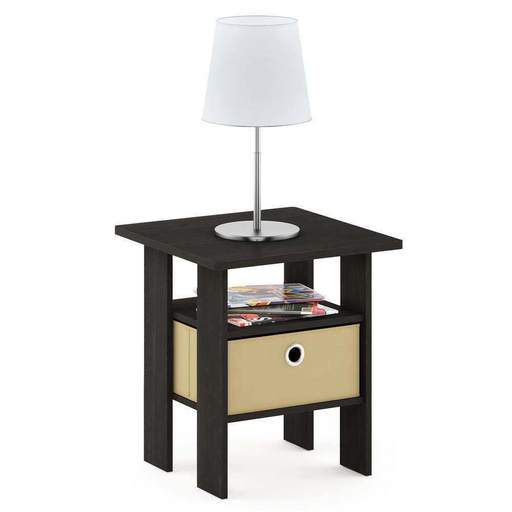 Furinno Andrey Engineered Wood End Table with Bin Drawer in Espresso/Brown