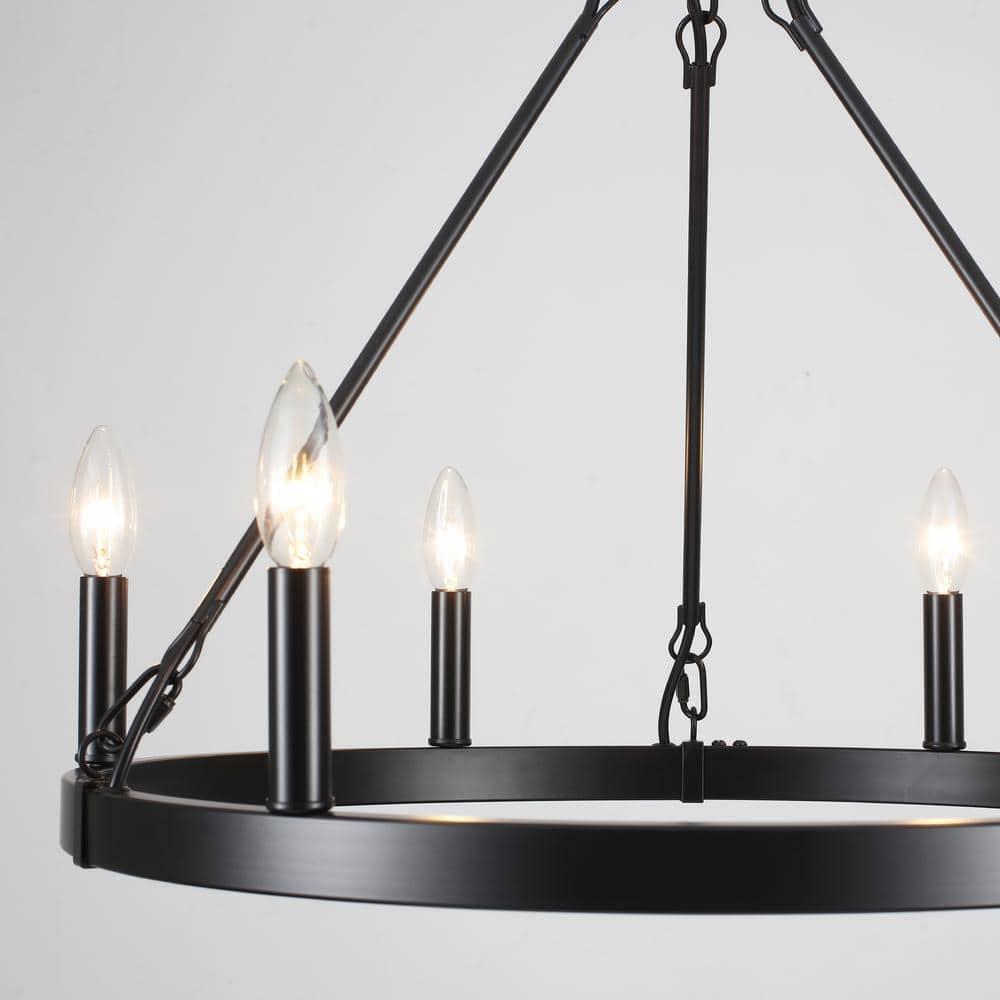 22.04 in. 6-Light Black Rustic Farmhouse Chandelier, Wagon Wheel Chandelier for Dining Room Living Room Bedroom Kitchen Black