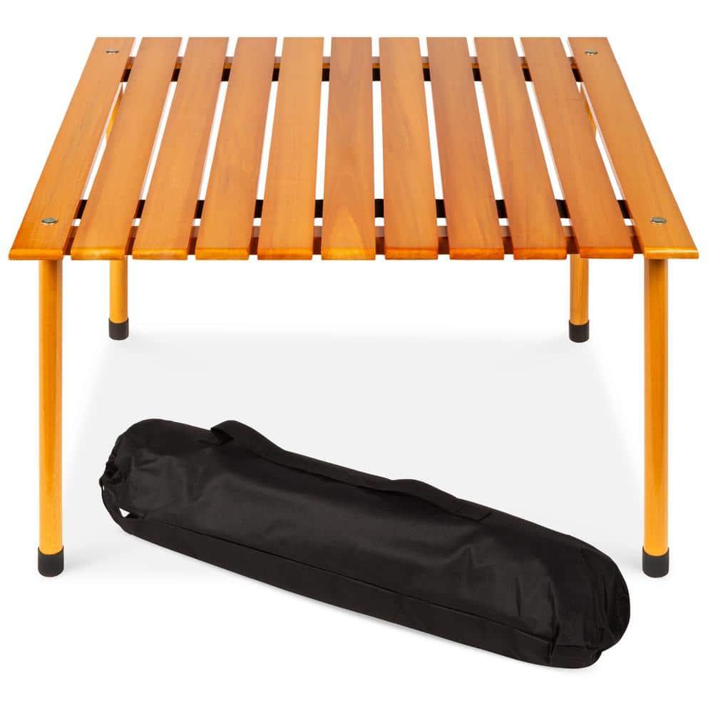 KIBNOF Best Choice Products 28x28in Foldable Indoor Outdoor All-Purpose Portable Wooden Table for Picnics, Camping, Beach, Tailgating, Patio, Kitchen, Living Room w/Carrying Case - Brown