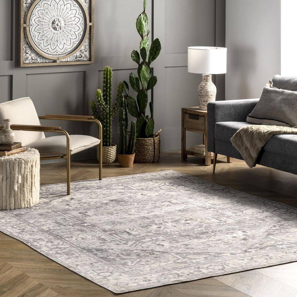 Nuloom 6 Square Machine Washable Rain Haven Vintage Medallion Indoor Area Rug, Grey Non-Slip Backing, Stain Resistant,  BedroomLiving Room, Kitchen