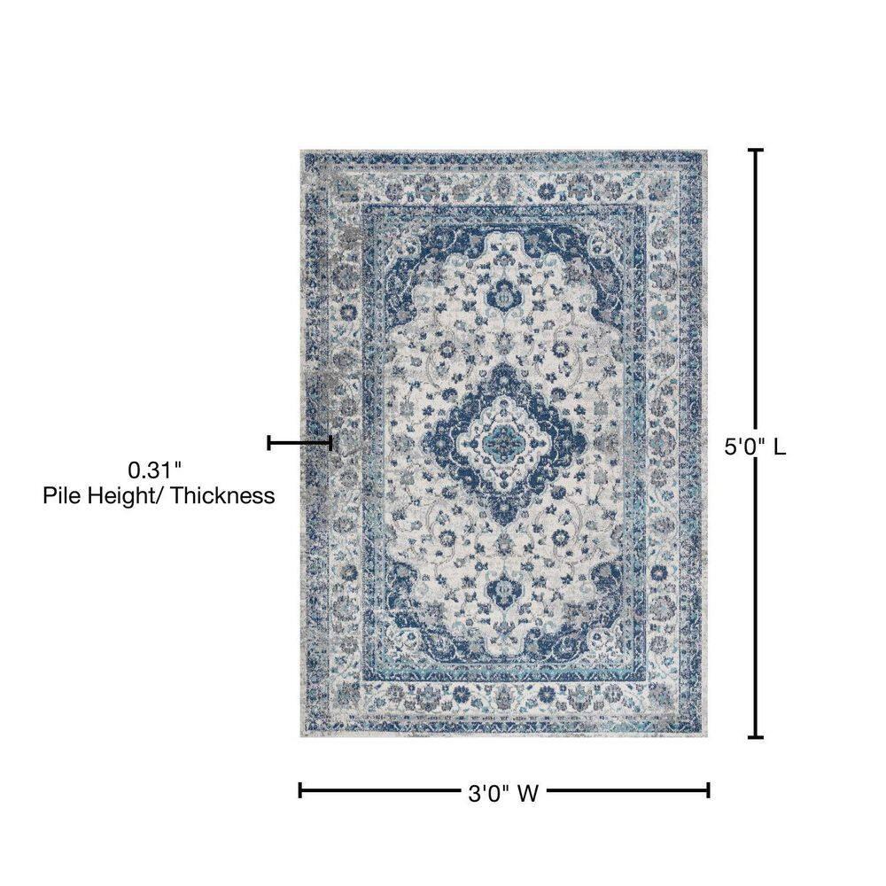 3'x 5' Indhira Ornate Medallion Persian Area Rug, Blue/Gray - JONATHAN Y