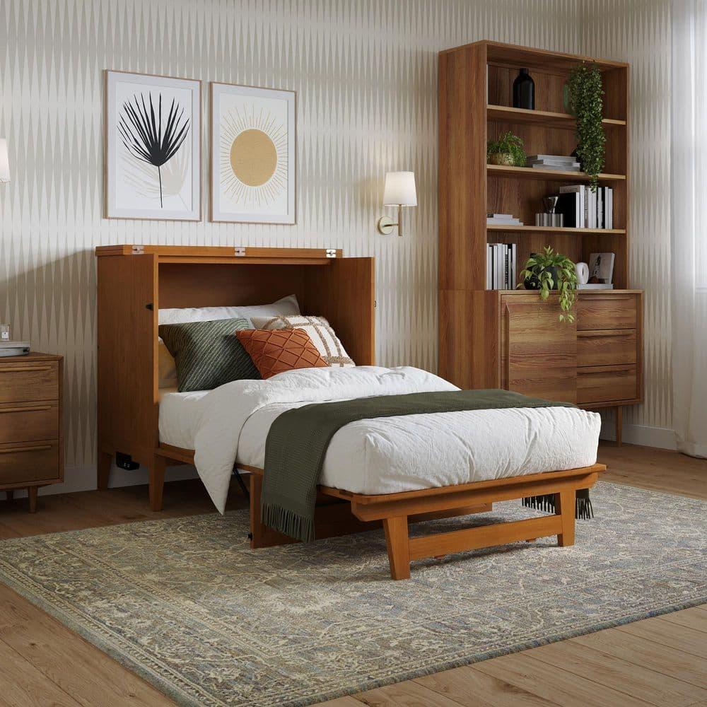 AFI Santa Fe Twin Wood Murphy Bed Chest with Mattress and Built-in Charger, Light Toffee
