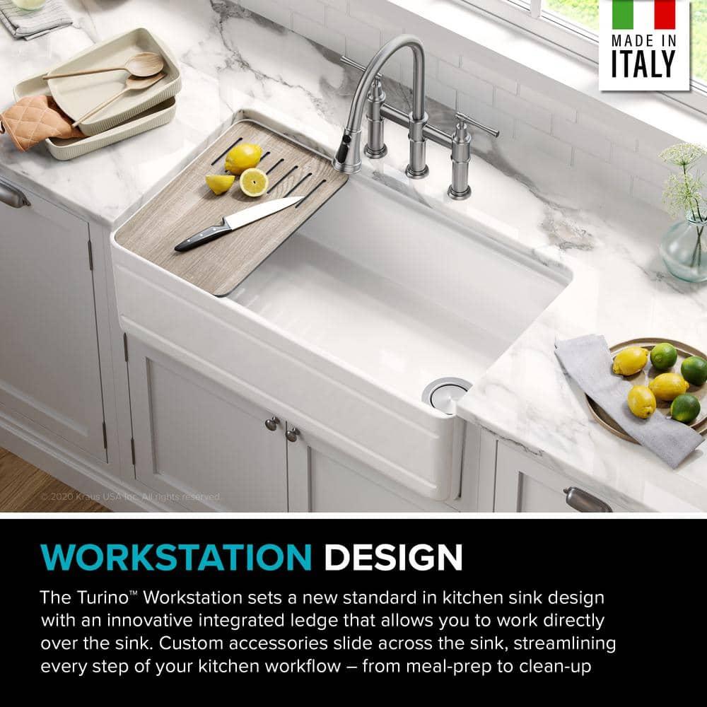 KRAUS Turino™ Workstation 33" L Farmhouse Reversible Apron Front Fireclay Single Bowl Kitchen Sink