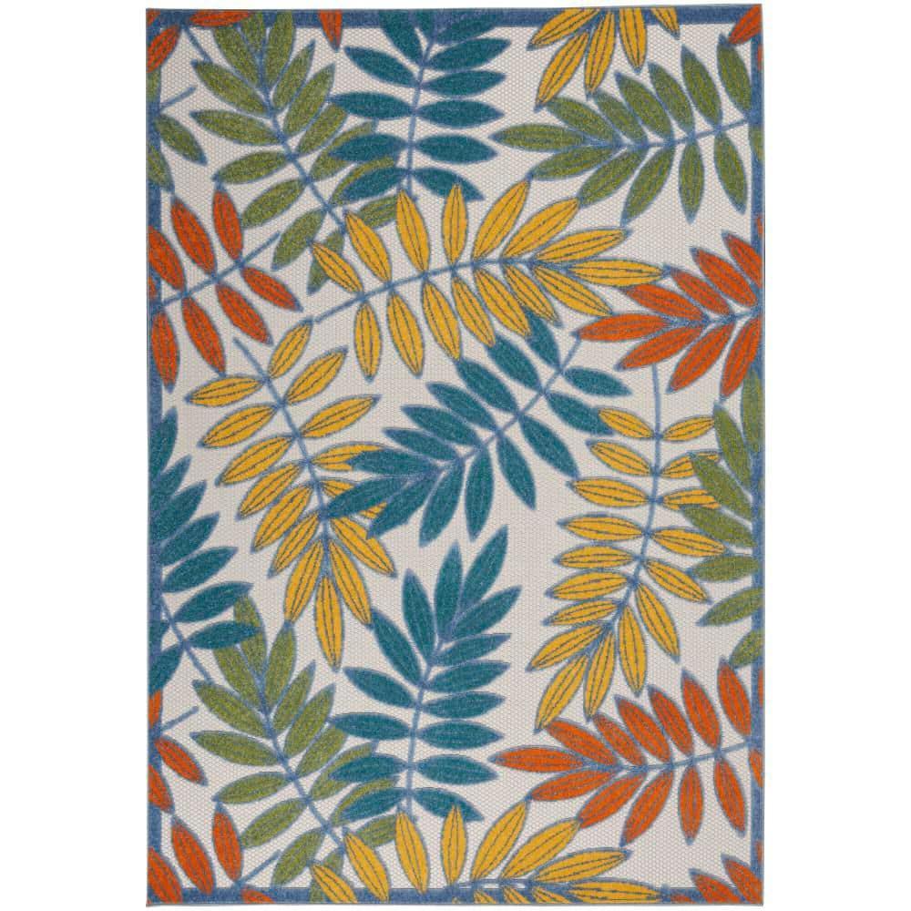 Nourison Aloha Floral Leaf Flatweave High-Low Indoor Outdoor Area Rug Ivory/Multi 5'3" x 7'5"
