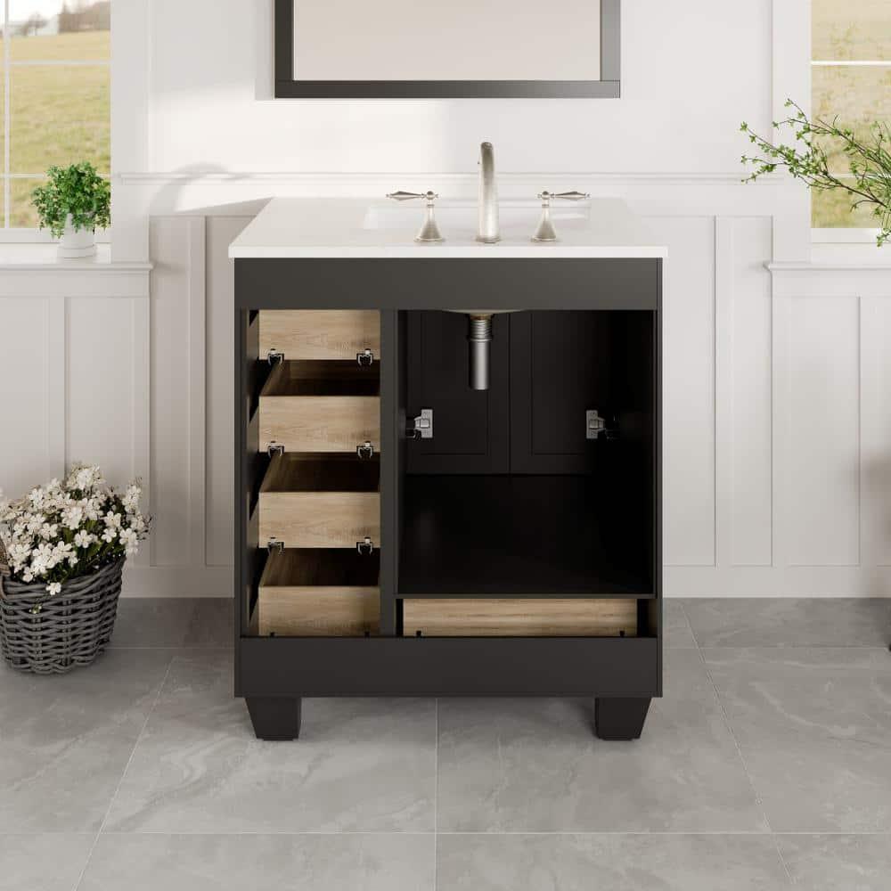 Eviva Acclaim C. 28" Transitional Espresso Bathroom Vanity with White Carrara Quartz Countertop