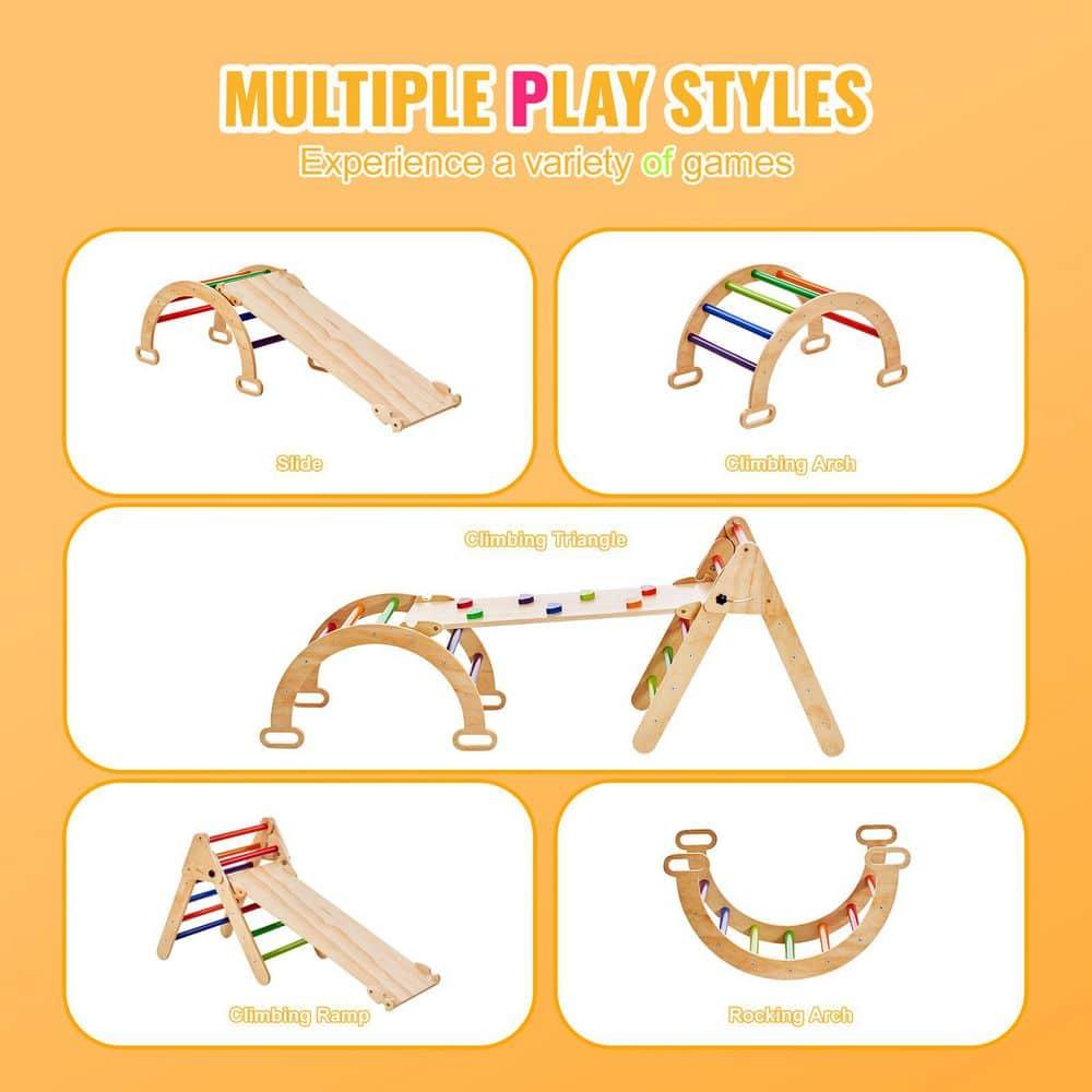 Pikler Triangle Set, 5 in 1 Toddler Climbing Toys Indoor Playground, Ramp, and Arch, Montessori Climbing Set with Triangle, Medium Size Wooden Climbing Gym for Toddlers 1-3 Years, Colorful