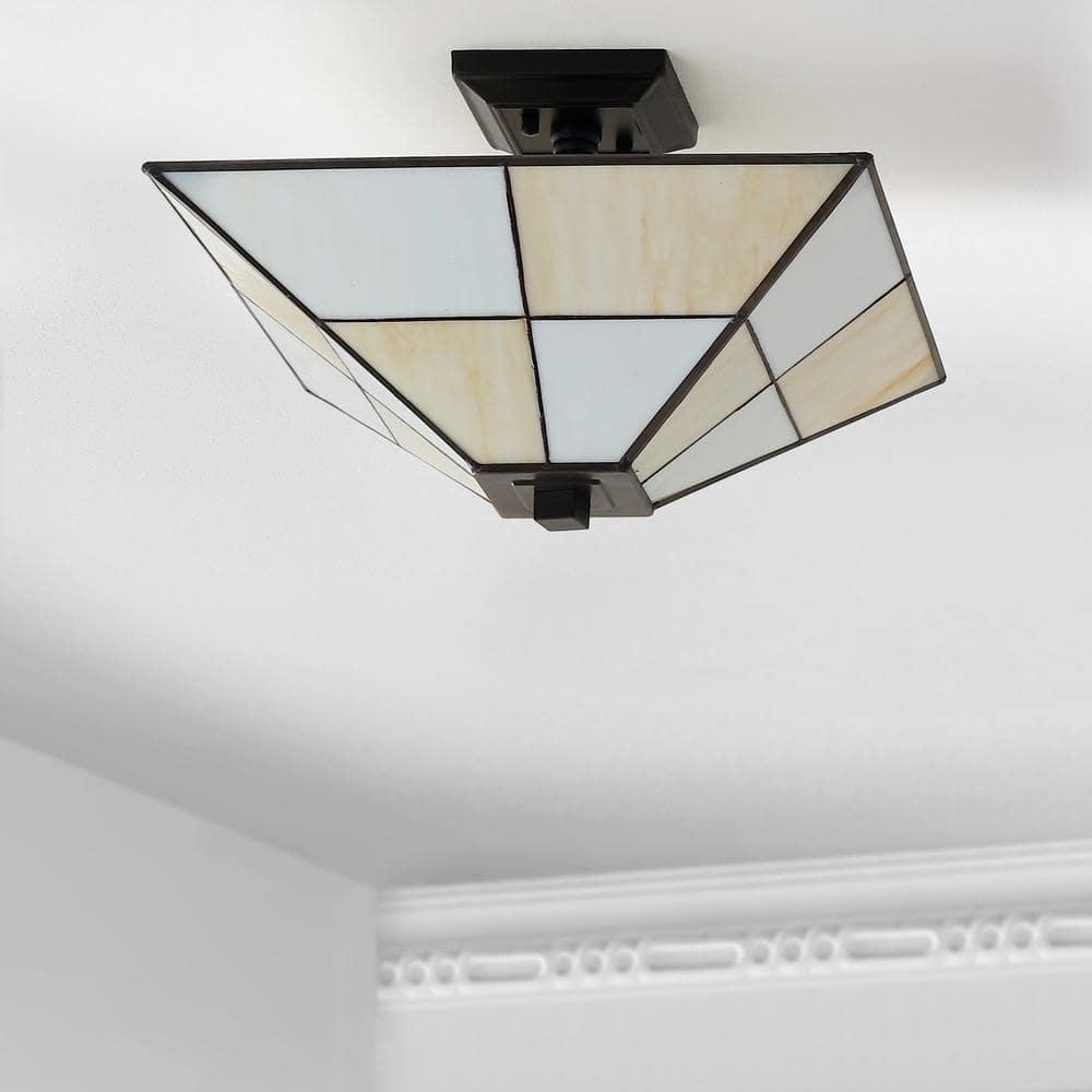 JONATHAN Y Juliana 15.7" Tiffany-Style Glass/Metal LED Semi-Flush Mount, White/Cream