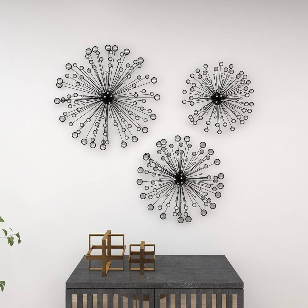 DecMode Black Metal Starburst Wall Decor with Crystal Embellishments (3 Count)