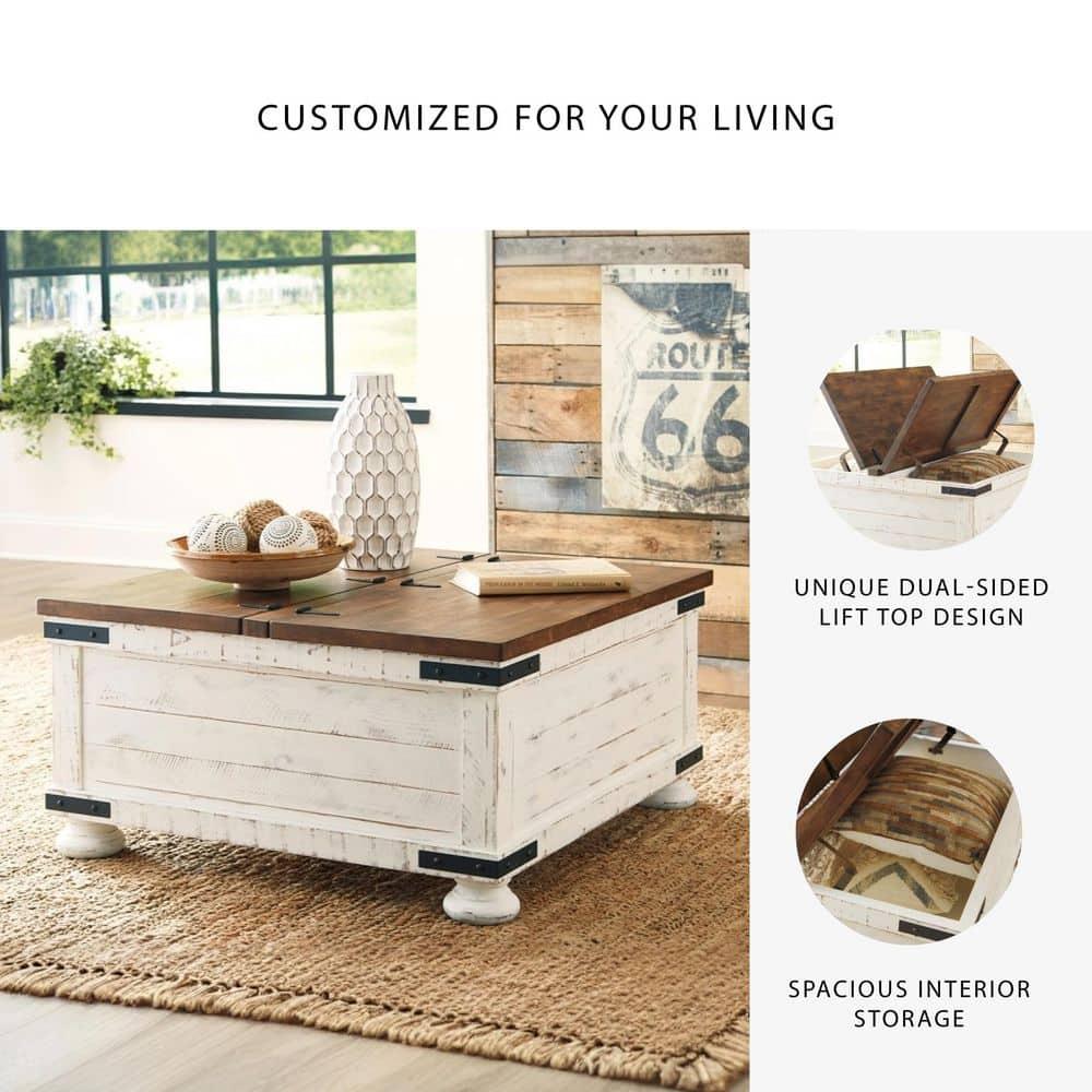 Wystfield Cocktail Table with Storage White/Brown - Signature Design by Ashley: Rectangular Lift-Top, Distressed Two-Tone Finish