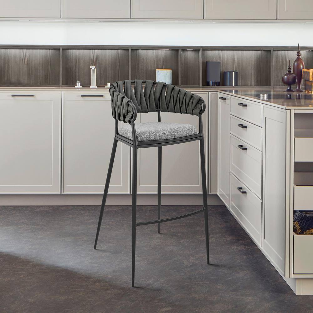Vigona Counter Stool in Black Metal with Grey Fabric and Faux Leather