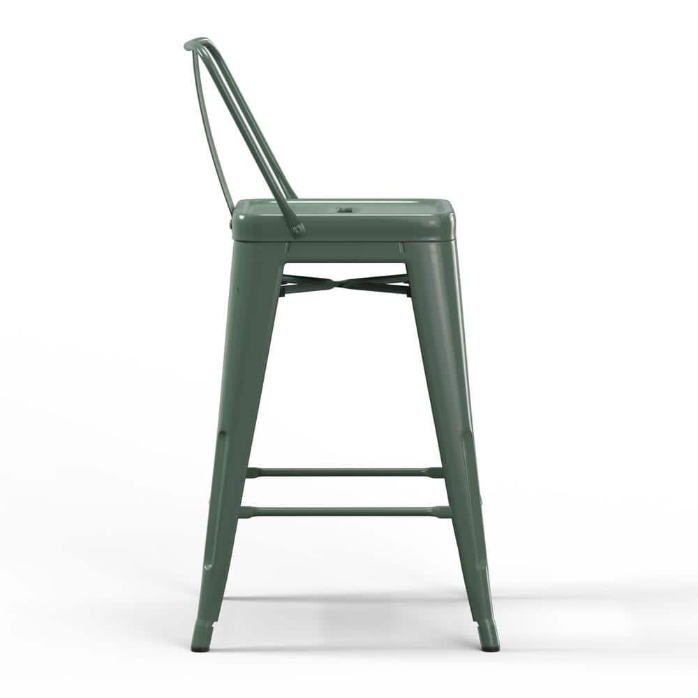 Simpli Home Rayne Metal Industrial Stool with Curved Back, Cross-Brace, and Footrest