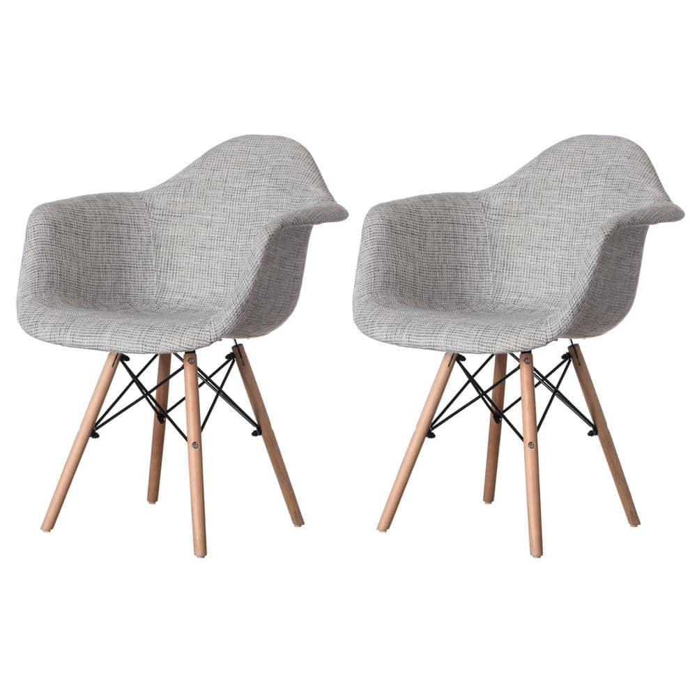 Fabulaxe Mid-Century Modern Style Fabric Lined Armchair with Beech Wooden Legs, Grey Set 2