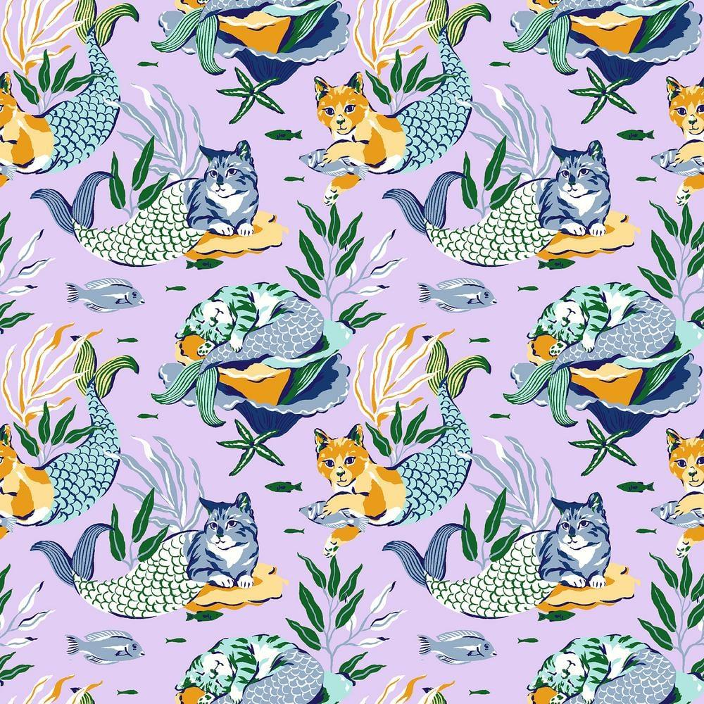 PrintFresh Meowing Mermaids Lavender Peel and Stick Wallpaper