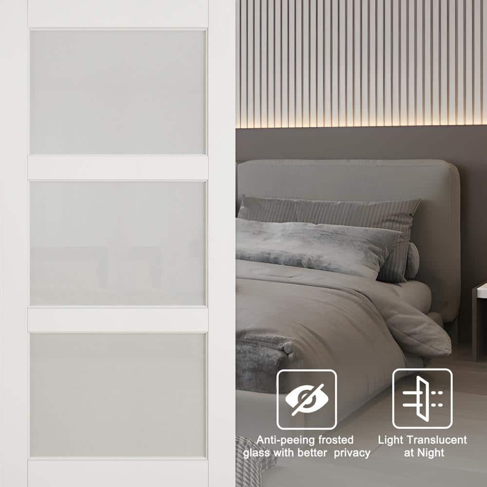 Home Worthy Frosted Glass Solid Manufactured Wood Painted Sliding Barn Door with Nickel-Hardware Kit(No Assembly Required)