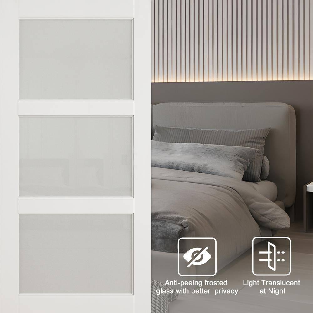 Home Worthy Frosted Glass Solid Manufactured Wood Painted Sliding Barn Door with Nickel-Hardware Kit(No Assembly Required)