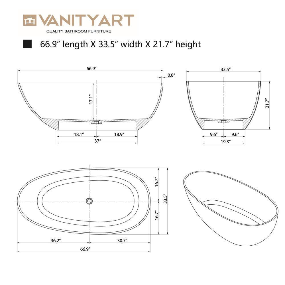 67" x 33.5" Freestanding Soaking Stone Resin Bathtub with Polished Chrome Pop Up Drain