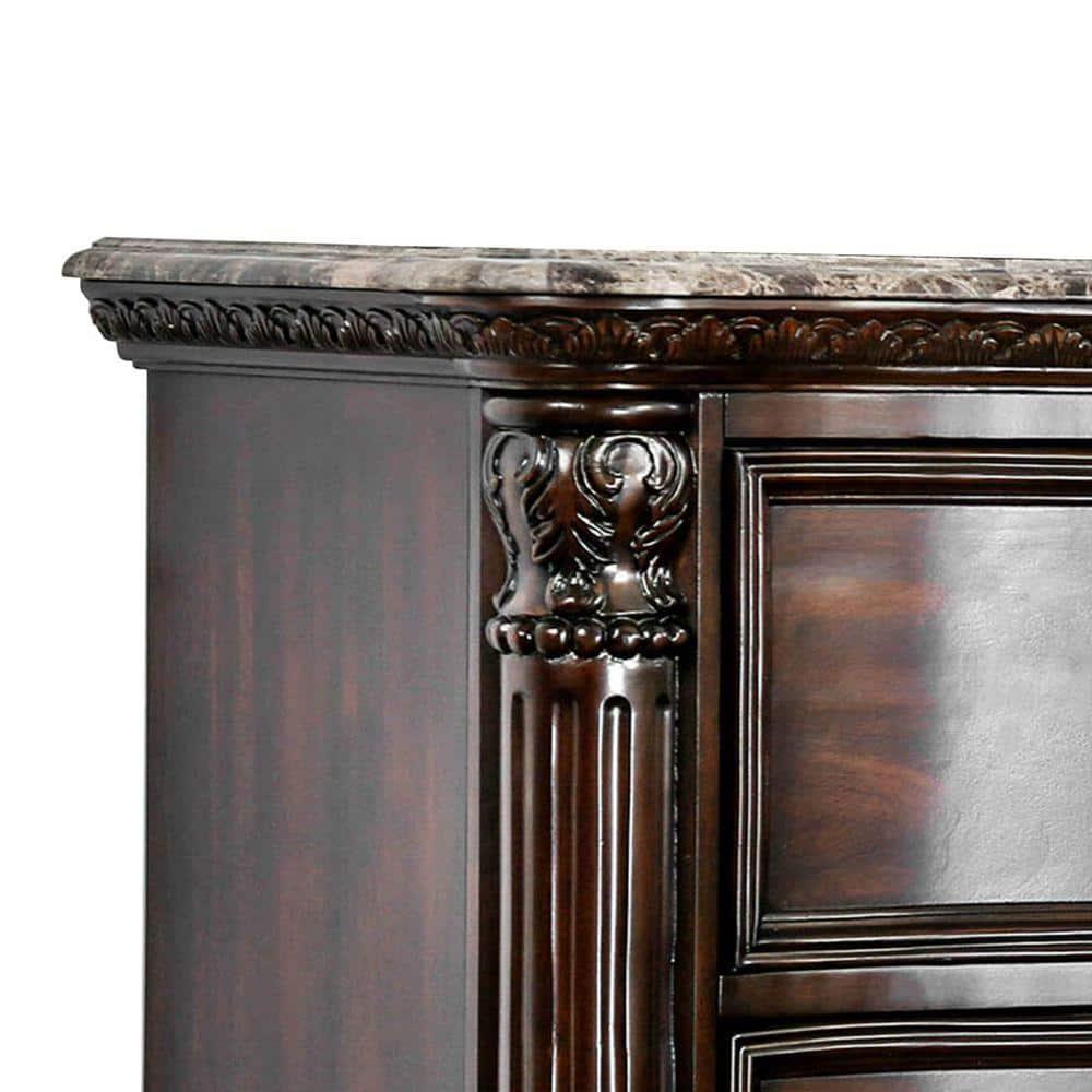 Benzara 30 Inch Nightstand with 2 Drawers, Classic Marble Top, Ornate Pilasters, Dark Cherry Brown