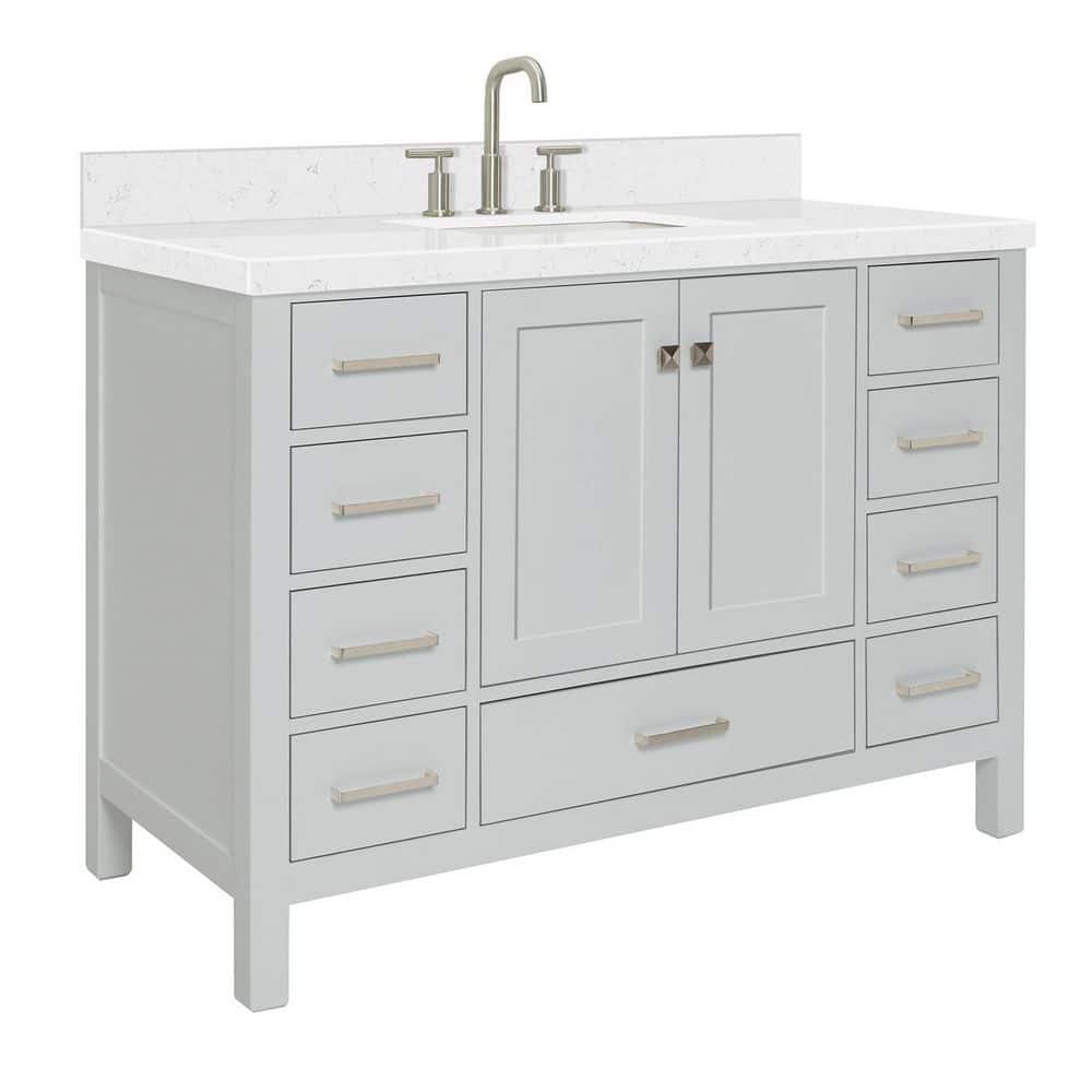 ARIEL 48" Grey Bathroom Vanity Base Cabinet, Single Sink Configuration, 2 Soft Closing Doors, 9 Full Extension Dovetail Drawers, Brushed Nickel