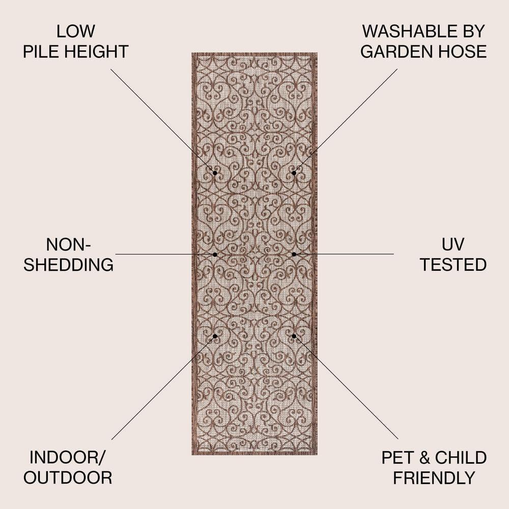 2'x8' Madrid Vintage Filigree Textured Weave Indoor/Outdoor Runner Rug, Taupe/Espresso - JONATHAN Y