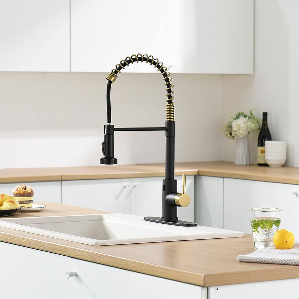 GIMILI Black and Gold Touchless Kitchen Faucet with Pull Down Sprayer Motion Sensor Smart Hands-Free Activated Single Hole Spring Faucet for Kitchen Sink