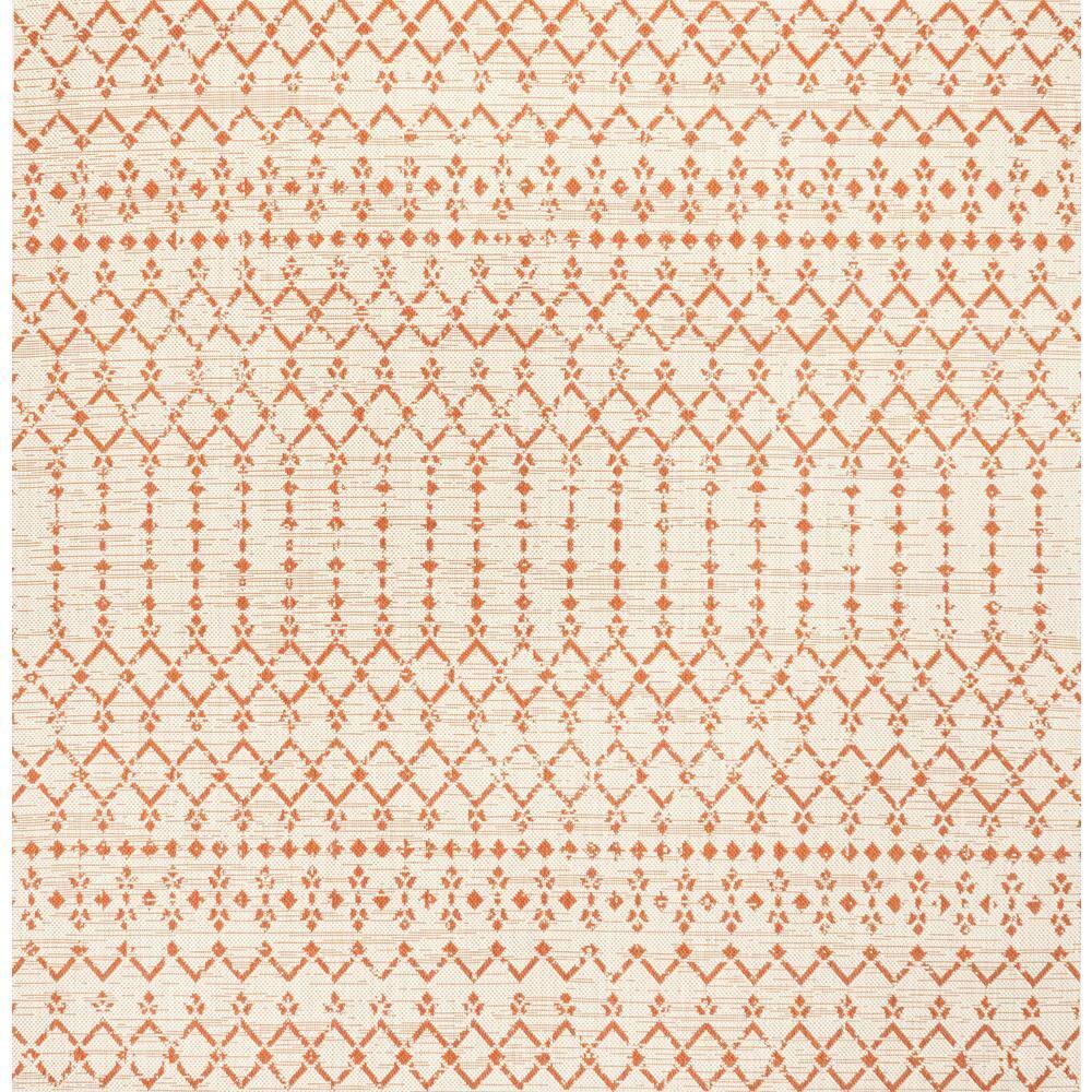 5' x 5' Ourika Moroccan Geometric Textured Weave Indoor/Outdoor Area Rug, Cream/Orange - JONATHAN Y