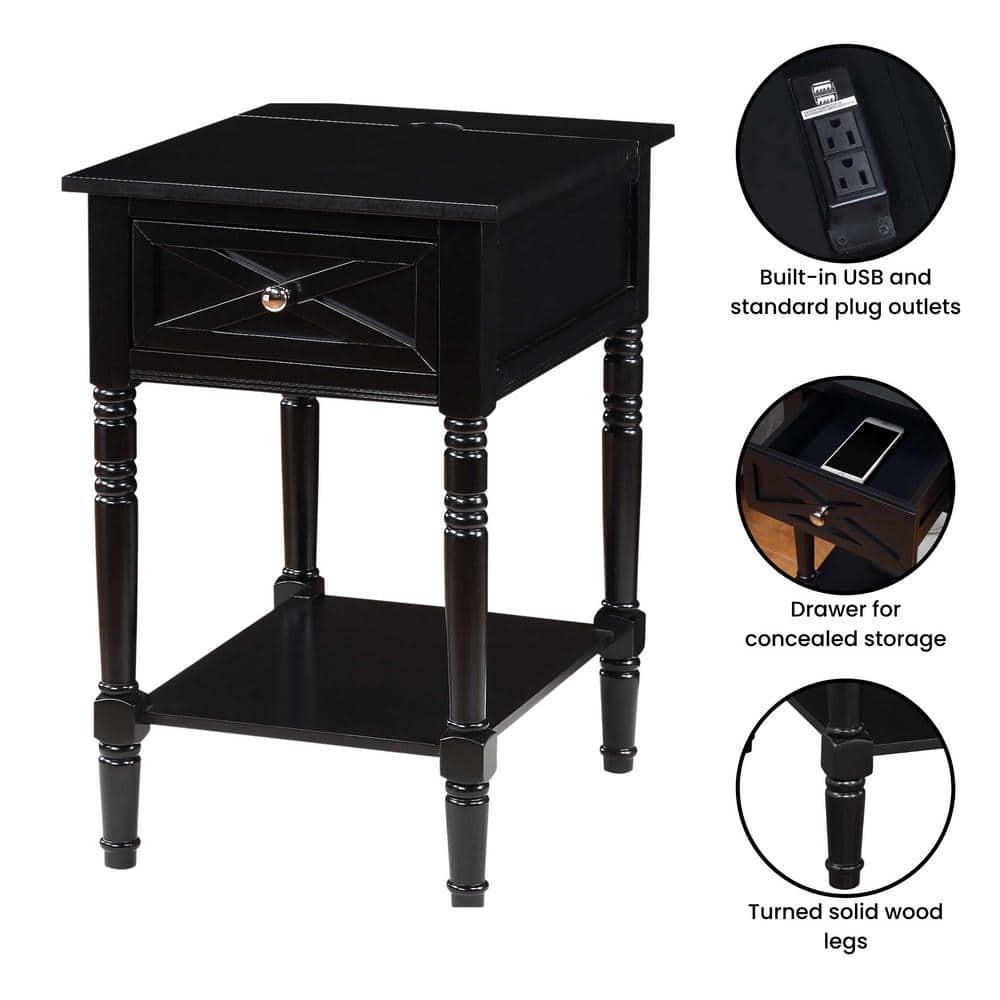 Convenience Concepts Country Oxford 1 Drawer End Table with Charging Station and Shelf, Black