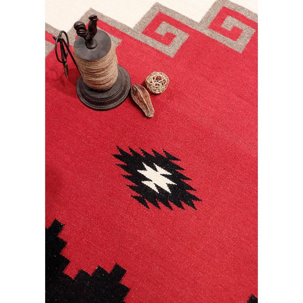 Ivory and Red Geometric Wool 8' x 10' Handmade Rug