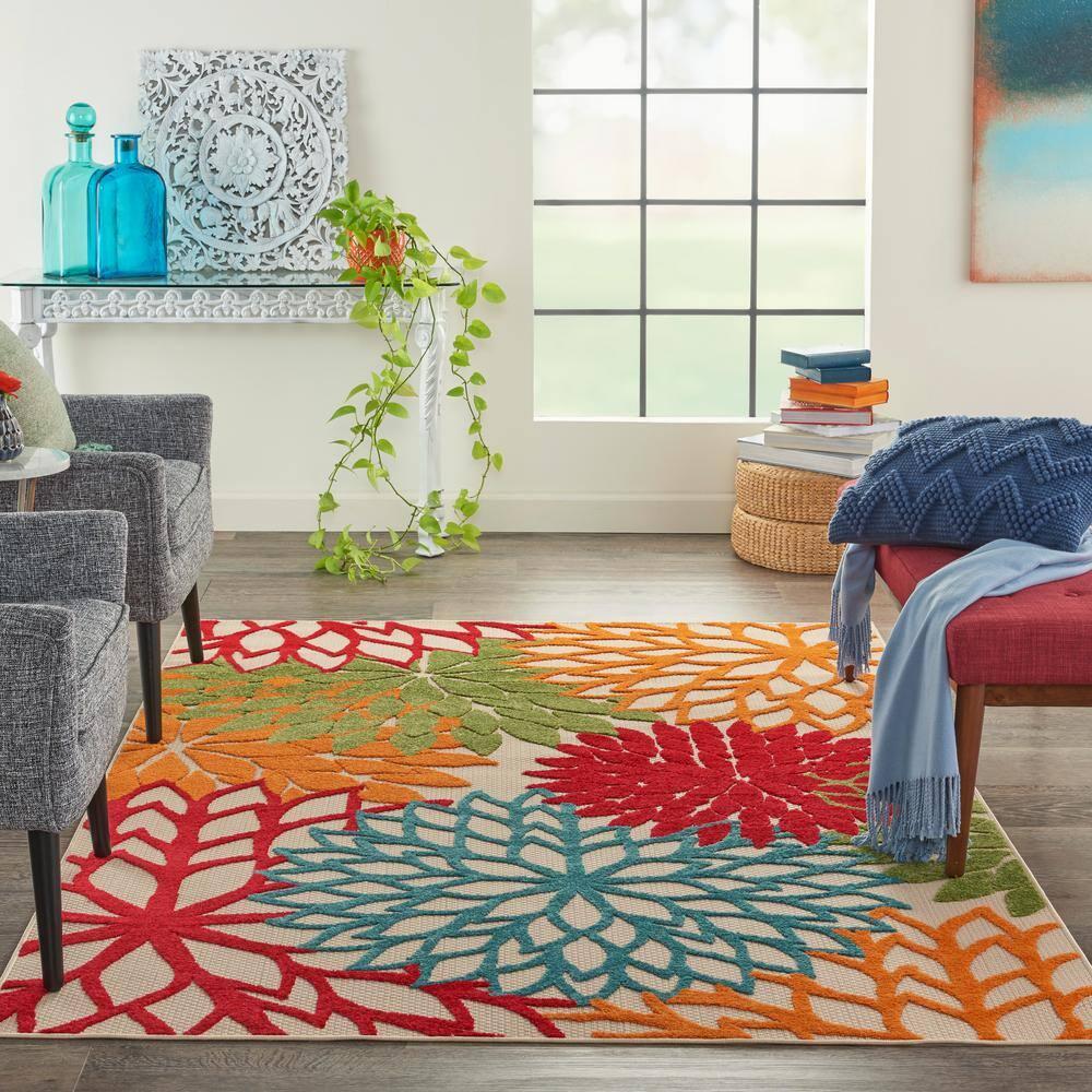 Nourison Aloha Floral Bloom Flatweave High-Low Indoor Outdoor Area Rug Green 5'3" x 7'5"