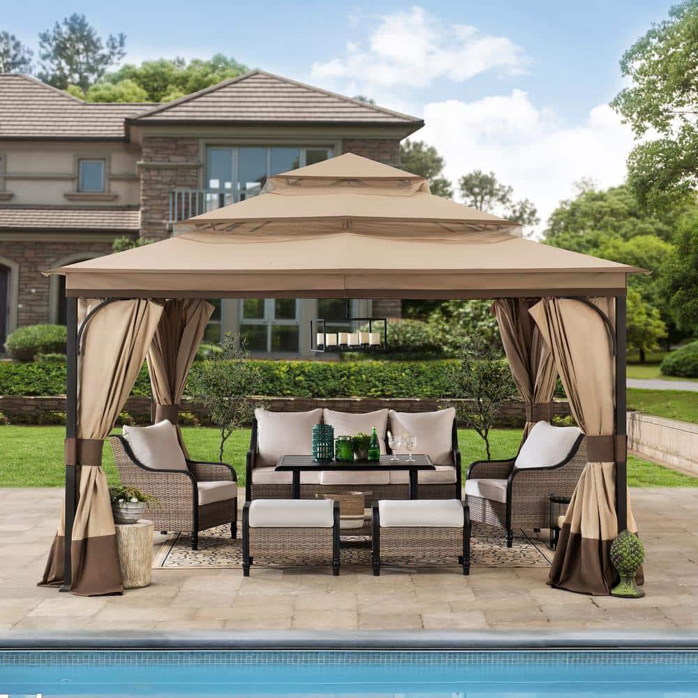 Sunjoy Outdoor Patio Brown Steel Frame 13 ft. x 13 ft. 3-Tier Soft Top Gazebo with Canopy, Mosquito Netting, and Curtains for Backyard Activities